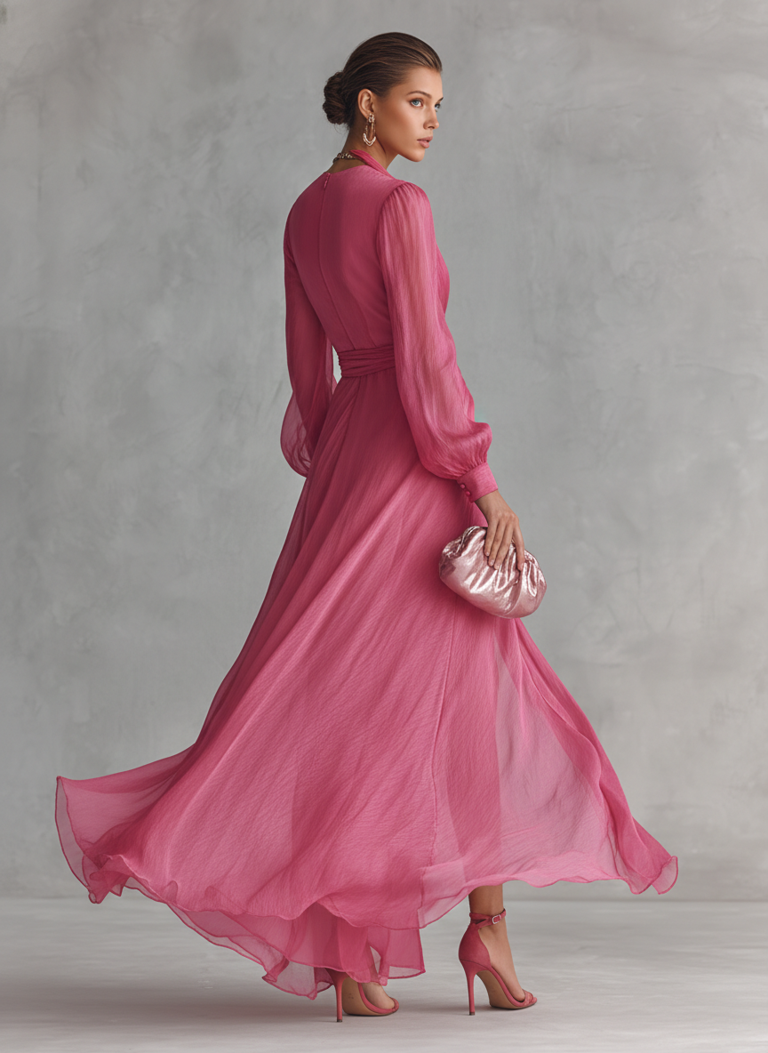 Pink Chiffon Dress with V-Neck – Elegant and Feminine
