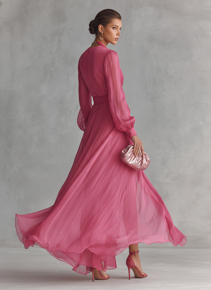 Pink Chiffon Dress with V-Neck – Elegant and Feminine