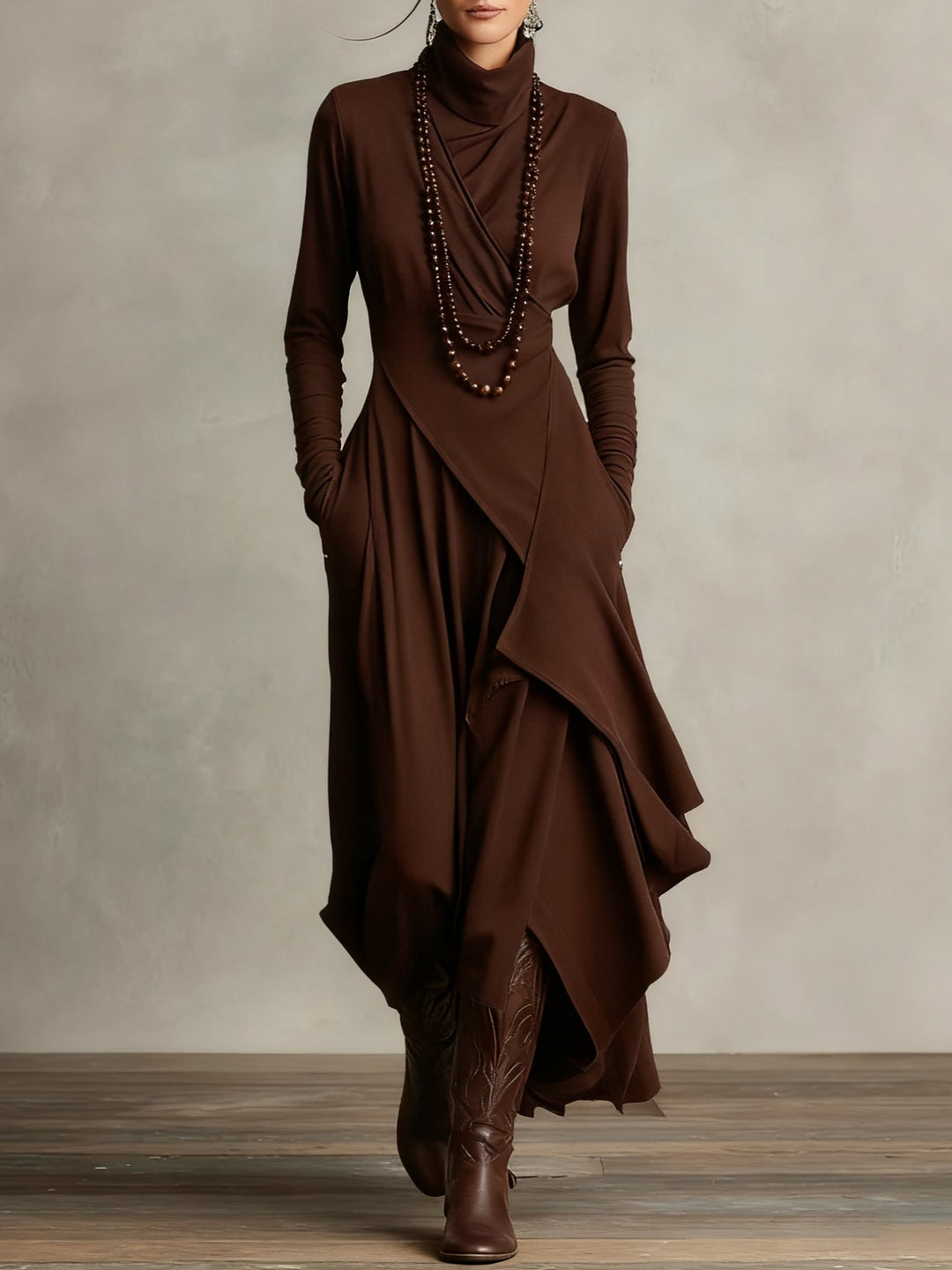 Giorgia - Asymmetrical Maxi Pleated Dress in Purple with High Neck (Necklace not included)