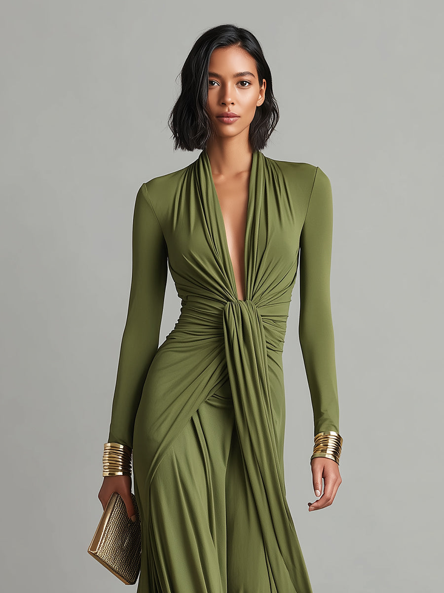 Elegant olive silk maxi dress with a V-neck