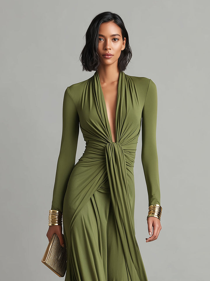 Elegant olive silk maxi dress with a V-neck