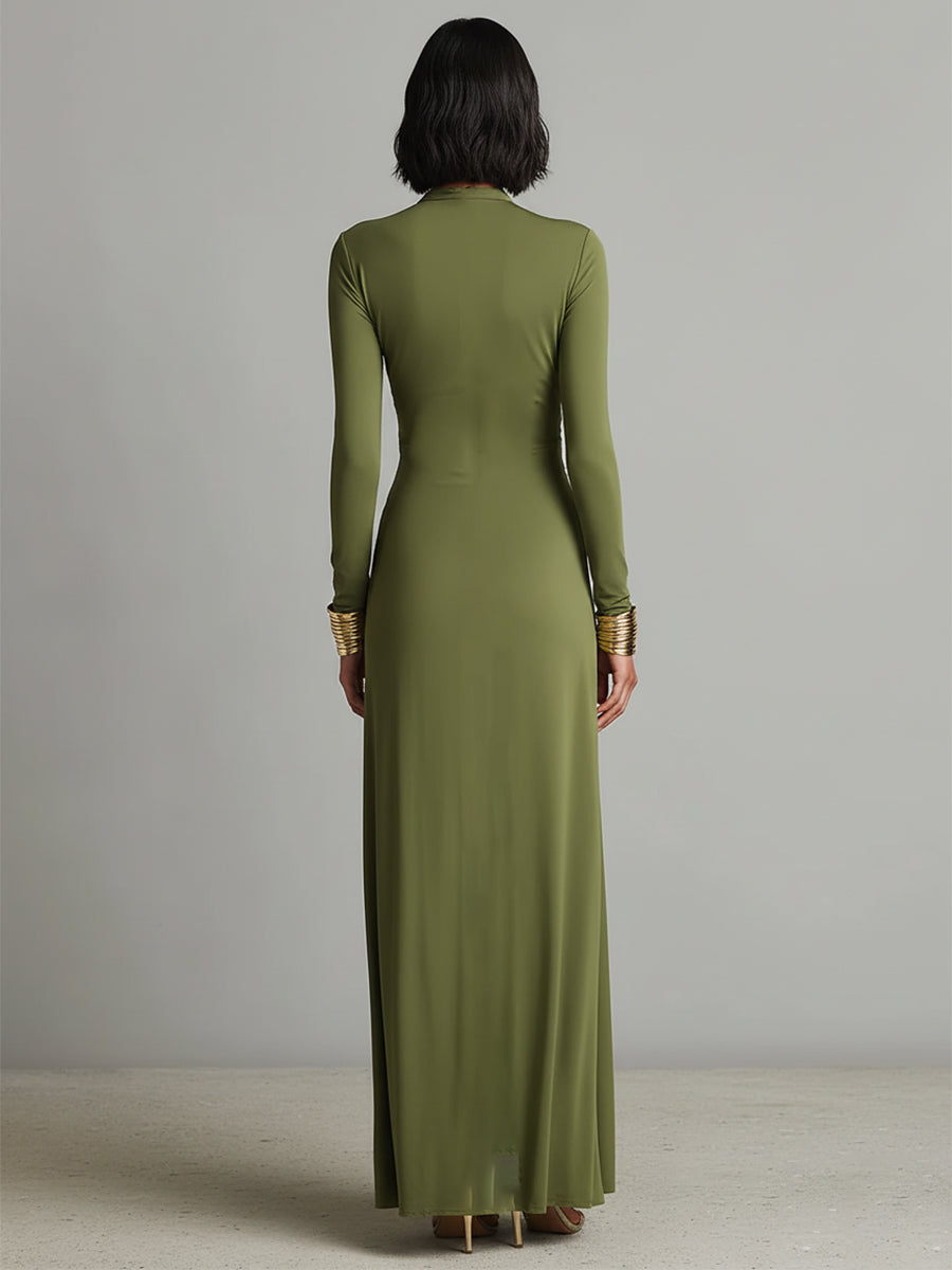 Elegant olive silk maxi dress with a V-neck